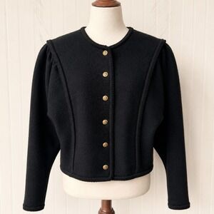 Vintage Geiger Austria Black Boiled Wool Cardigan Jacket Puff Sleeve EU 36 Med.